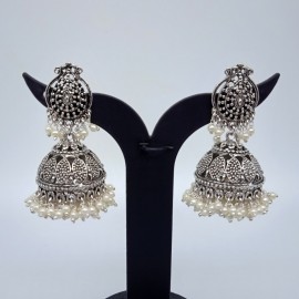 Oxidized Silver Jhumkas with Double Layered Pearl Beads 